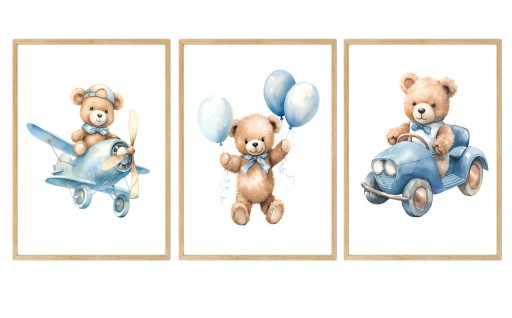 A4 21,00 x 30,00 cm SAME PLAKATY NIEBIESKI MIŚ BALONY SAMOLOT AUTO 3 SZT