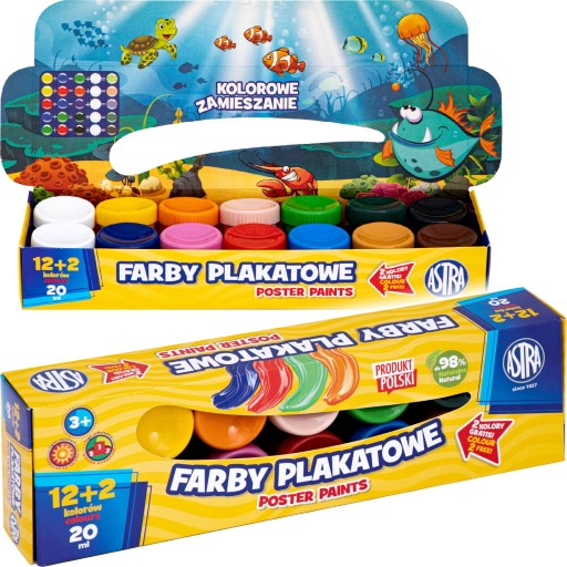 Astra FARBY PLAKATOWE 12 kolorów (+2), 14 słoiczków x 20ml STANDARD BOX
