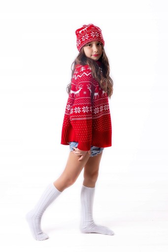 Świąteczny Czerwony Sweter Poncho Dziecięce UNISIZE 128-152 CM