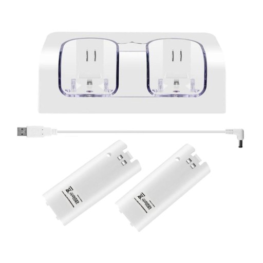 2-portowa stacja dokująca do ładowania, akumulatory, z kablem USB, biała