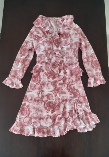 Elegancki komplet sukienka + bolerko, falbanka, 38