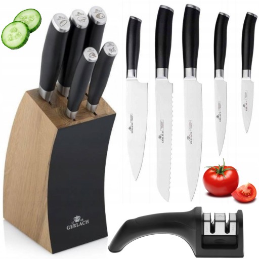ZESTAW 5 NOŻY STALOWYCH GERLACH DECO BLACK W BLOKU NOŻE KUCHENNE+ OSTRZAŁKA