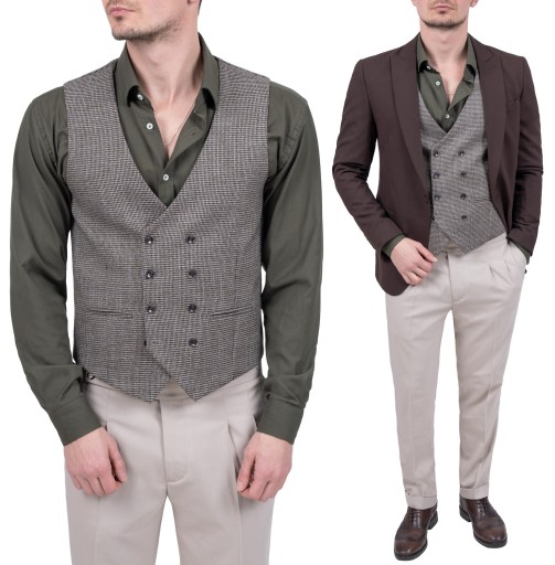 Kamizelka męska dwurzędowa pepitka elegancka casual brazowa - 58