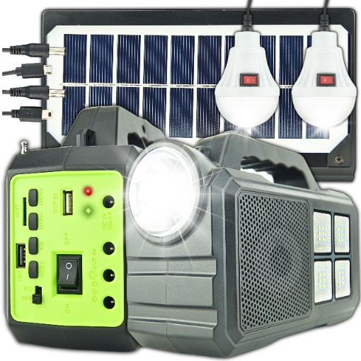 STACJA ZASILANIA AWARYJNEGO PV 2 ŻARÓWKI POWERBANK RADIO BT ZESTAW SOLARNY
