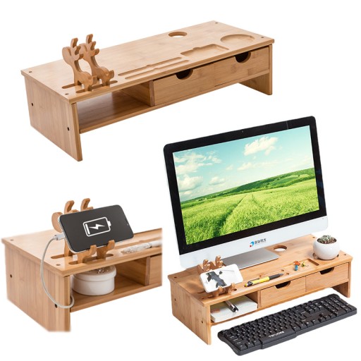 PODSTAWKA POD LAPTOP MONITOR BAMBUSOWA STOLIK SZUFLADY UCHWYT NA TELEFON