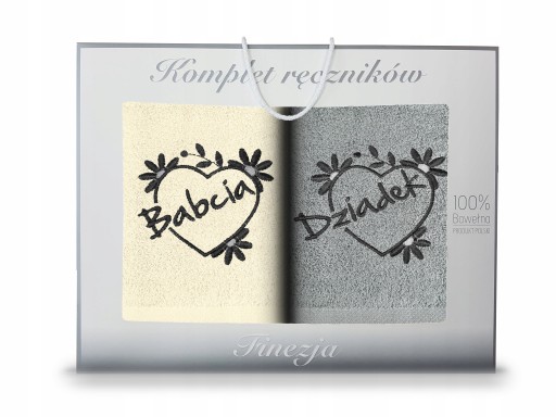 KOMPLET RĘCZNIKÓW 2X 70x140 BABCIA I DZIADEK PREZENT HAFT ECRU-SZARY GRUBE
