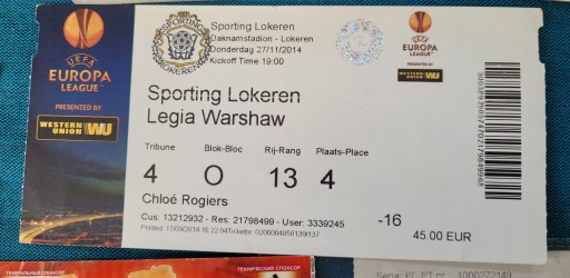 bilet SPORTING LOKEREN- Legia Warszawa