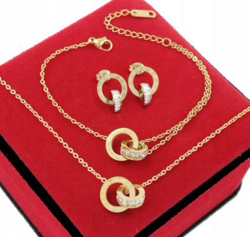 KOMPLET ZŁOTY 3 cz KÓŁKA RING ZIRCONIA STAL 316 L
