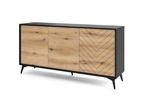 Komoda trzydrzwiowa jodełka do salonu DIAMOND 154 cm Dąb Evoke + Czarny Mat