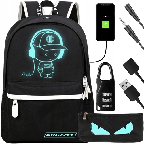Plecak Szkolny Miejski Odblaskowy Pojemny Piórnik USB Unisex Czarny