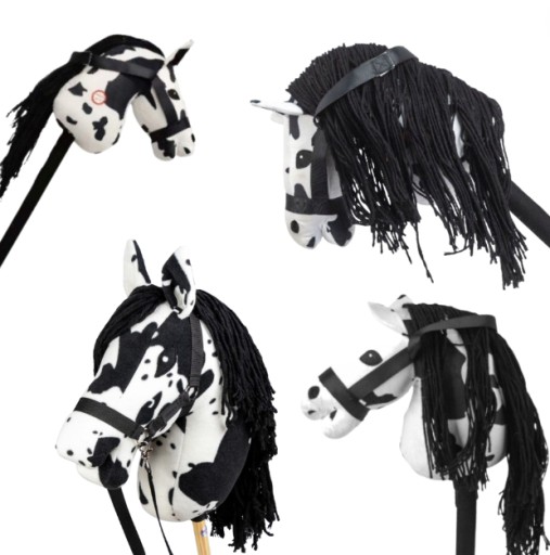 GŁOWA KONIA PLUSZOWA HOBBY HORSE Z GRZYWĄ KOŃ KONIK NA KIJU BIAŁO-CZARNY