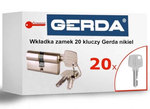 .20 KLUCZY. Wkładka bębenkowa zamek GERDA WKE1 30/30 nikiel + 20 kluczy.