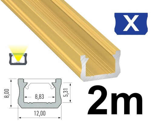 PROFIL DO LED ZŁOTY 2M TYP X 12mm WĄSKI, NISKI - PROFIL GOLD DO TAŚM LED