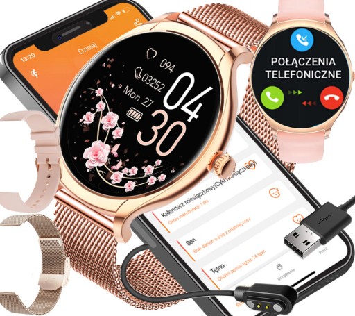 SMARTWATCH ZEGAREK DAMSKI POLSKIE MENU ROZMOWY SMS + 2 PASKI SMART WATCH