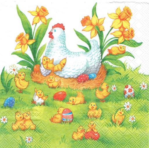 Serwetka decoupage 163C Wielkanoc kura kurczaki kwiaty 1 sztuka