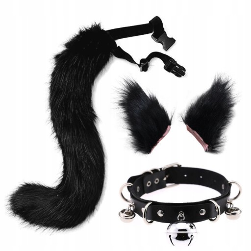 Long cat ears and cat's tail Leather necklace