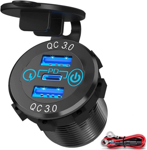 MOCNA ŁADOWARKA SAMOCHODOWA USB TYP C GNIAZDO MONTAŻOWE 2X QC 3.0 PD