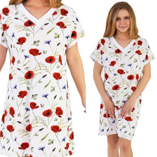 Koszula Nocna bawełniana w maki chabry elegancka Polska głęboki dekolt XL
