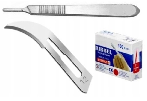 OSTRZA SKALPELE CHIRURGICZNE SKALPEL RIBBEL 12 100szt + UCHWYT TRZONEK