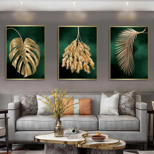 TRYPTYK ZŁOTA MONSTERA 3X A2 40X50 OBRAZ Z RAMKAMI