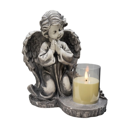 DUŻY SZARY ZNICZ + ŚWIECA, GIPSOWA FIGURKA NAGROBNA LAMPA LED 3XAAA