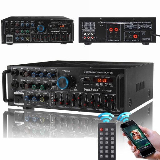AMPLITUNER WZMACNIACZ STEREO BLUETOOTH PILOT DVD AUX FM AUDIO MOCNY 2000W