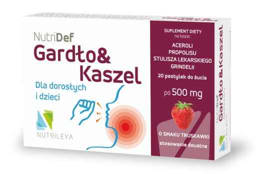 NUTRIDEF Gardło&Kaszel 20 tabl. dorośli dzieci na kaszel TRUSKAWKA