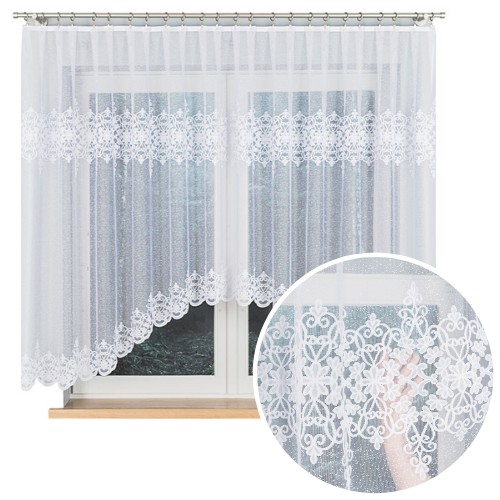 Biała firanka z żakardu gotowa wzór 350x155 cm łuk do pokoju kwiaty fala