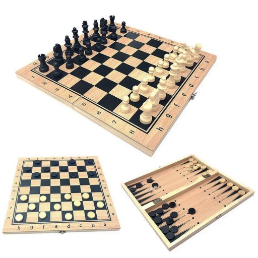 ZESTAW 3W1 DUŻE SZACHY DREWNIANE KLASYCZNE WARCABY TRYKTRAK GRA 34 x 34cm