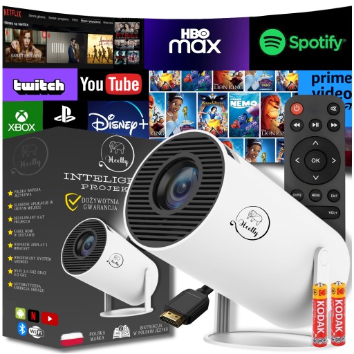 PROJEKTOR RZUTNIK ANDROID TV WIFI FULL HD PRZENOŚNY SMART GŁOŚNIK OBROTOWY