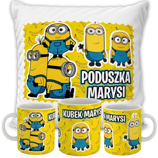 ZESTAW PODUSZKA + KUBEK MINIONKI MINIONS GRU + IMIĘ URODZINY PREZENT WZORY