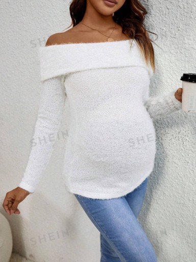 SHEIN MATERNITY SWETER DAMSKI KOLOR ECRU ODKRYTE RAMIONA M 067