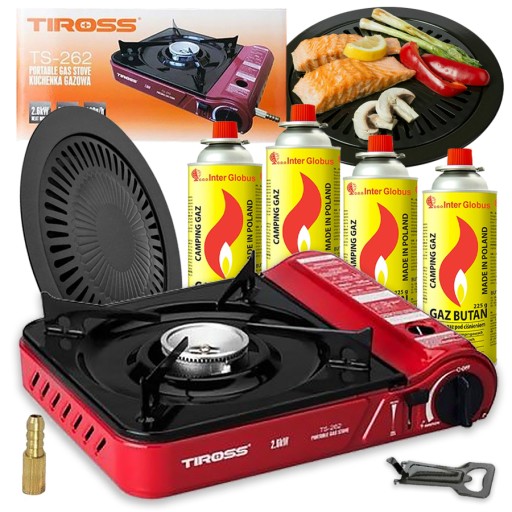KUCHENKA TURYSTYCZNA GAZOWA PRZENOŚNA z GRILLEM + 4x KARTUSZ TIROSS TS-262