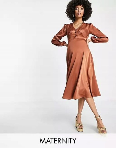 Flounce London sukienka ciążowa midi długi rękaw brązowy rozmiar 36
