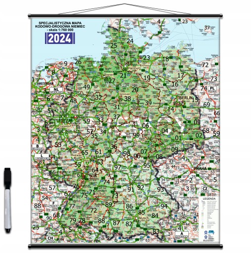 NIEMCY Mapa Niemiec Drogowa z kodami Ścienna 120x160 1:560000 Aktualna 2024