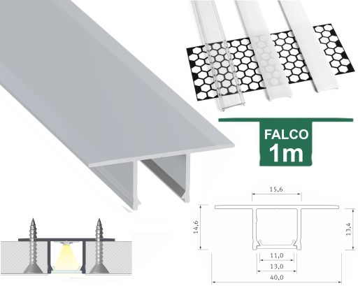 PROFIL LED GK DO PŁYT GIPS KARTON TYP FALCO SREBRNY 1M ALU + KLOSZ