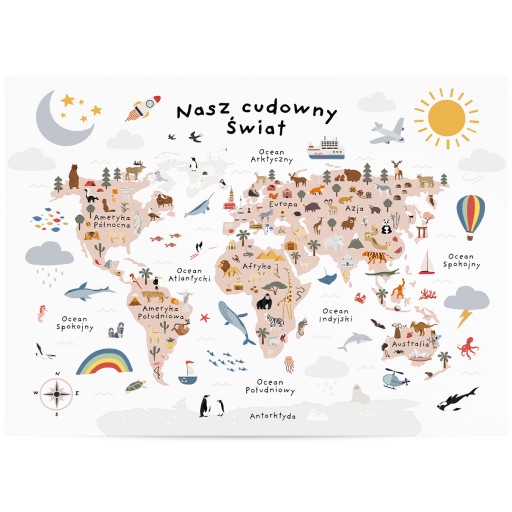 PLAKAT DUŻA MAPA ŚWIATA DLA DZIEWCZYNKI ZWIERZĘTA KONTYNENTY 50x70