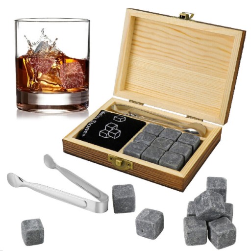 Kamienie Chłodzące do Whisky Kostki Drewniane Pudełko Woreczek PREZENT 13el