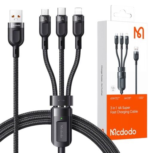Kabel przewód 3w1 USB-C / Lightning / micro USB Mcdodo 6A 65W 1.2m oplot