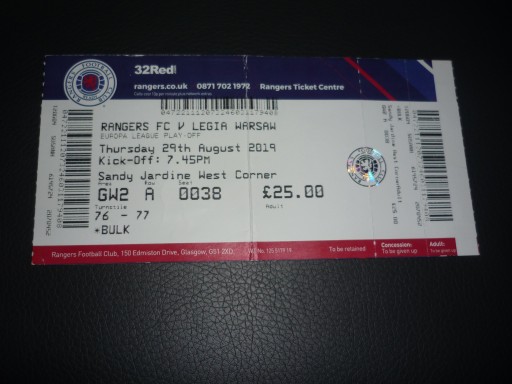 Bilet Glasgow Rangers - Legia Warszawa 29.08.2019