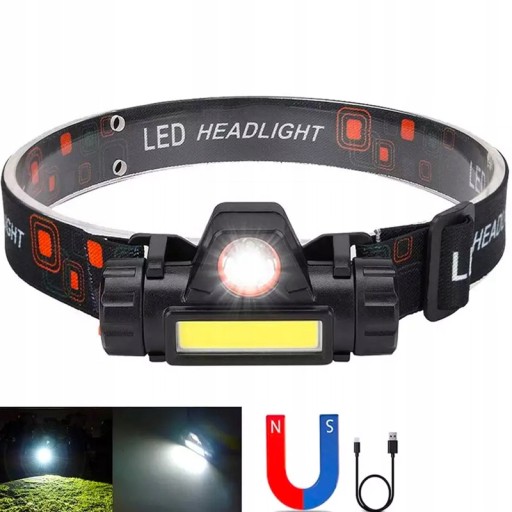 LATARKA CZOŁOWA LED 3W + COB AKUMULATOR MAGNES