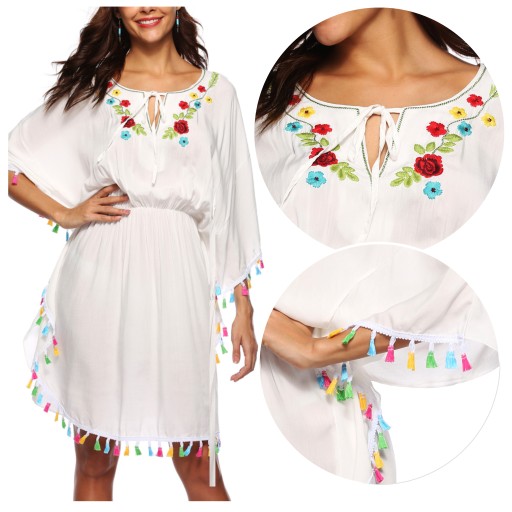 PAREO plażowa SUKIENKA dekolt BOHO tunika KWIATY