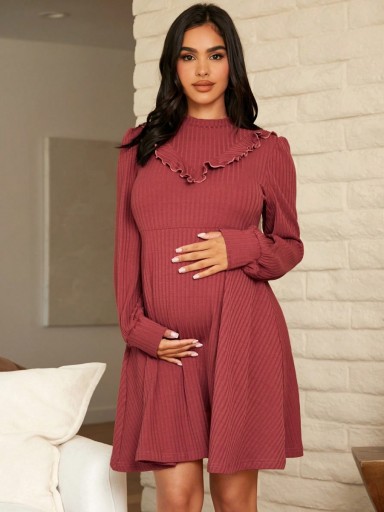 SHEIN SUKIENKA MIDI MATERNITY CZARWONA DZIANINA PRĄZKOWANA XS 543