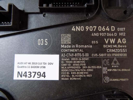AUDI A7 4K comfort control unit BCM 4N0907064D