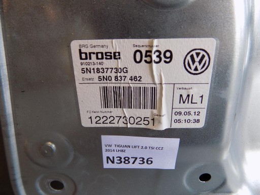 TIGUAN LIFT mechanism windows right front 5N0837462