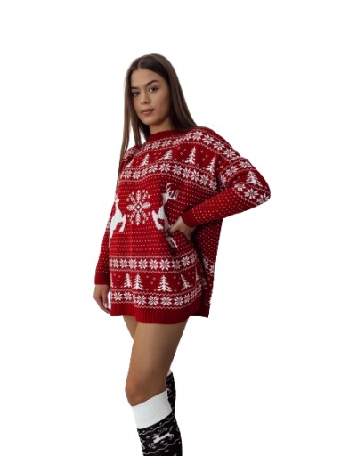 Vianočný sveter oversize červený-biely CHRISTMAS nórske vzory