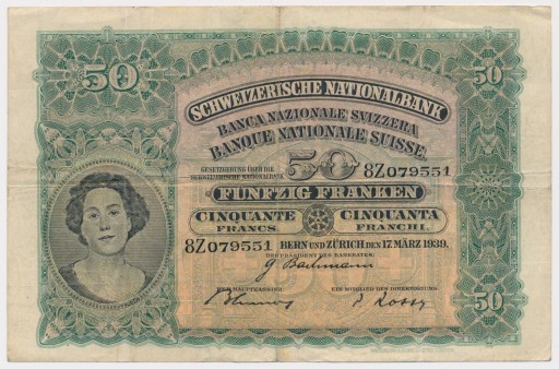 3637. Szwajcaria 50 franków 1939 st. 3