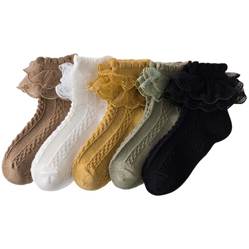 5-baliace ponožky dievčenské s volánikom, plisované, dvojité, čipkované