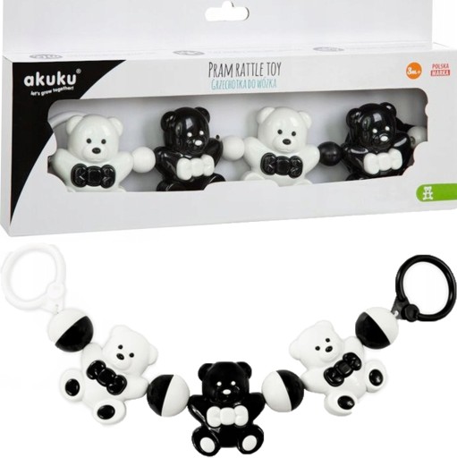 Біло-чорне брязкальце для коляски з ведмедиком Akuku A0468, 30 см