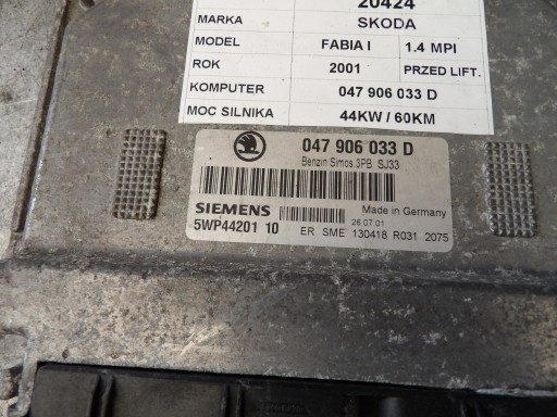 SKODA FABIA E COMPUTER, CENTRALINA 047906033D 5WP44201 10 3PB SJ33 SIEMENS